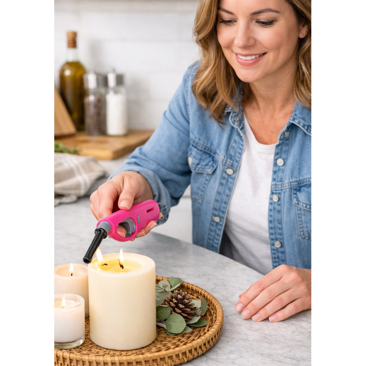Refillable Multipurpose Gas Lighter with Safety Lock Assorted Colours 28cm Pack of 1 YV3000080 | BBQ Grill Lighter | Long Reach Lighter | Long Nozzle Lighter | Stove Ggnition Lighter | Candle Lighting Tool | Kitchen Lighter Stick | Household Gas Lighter