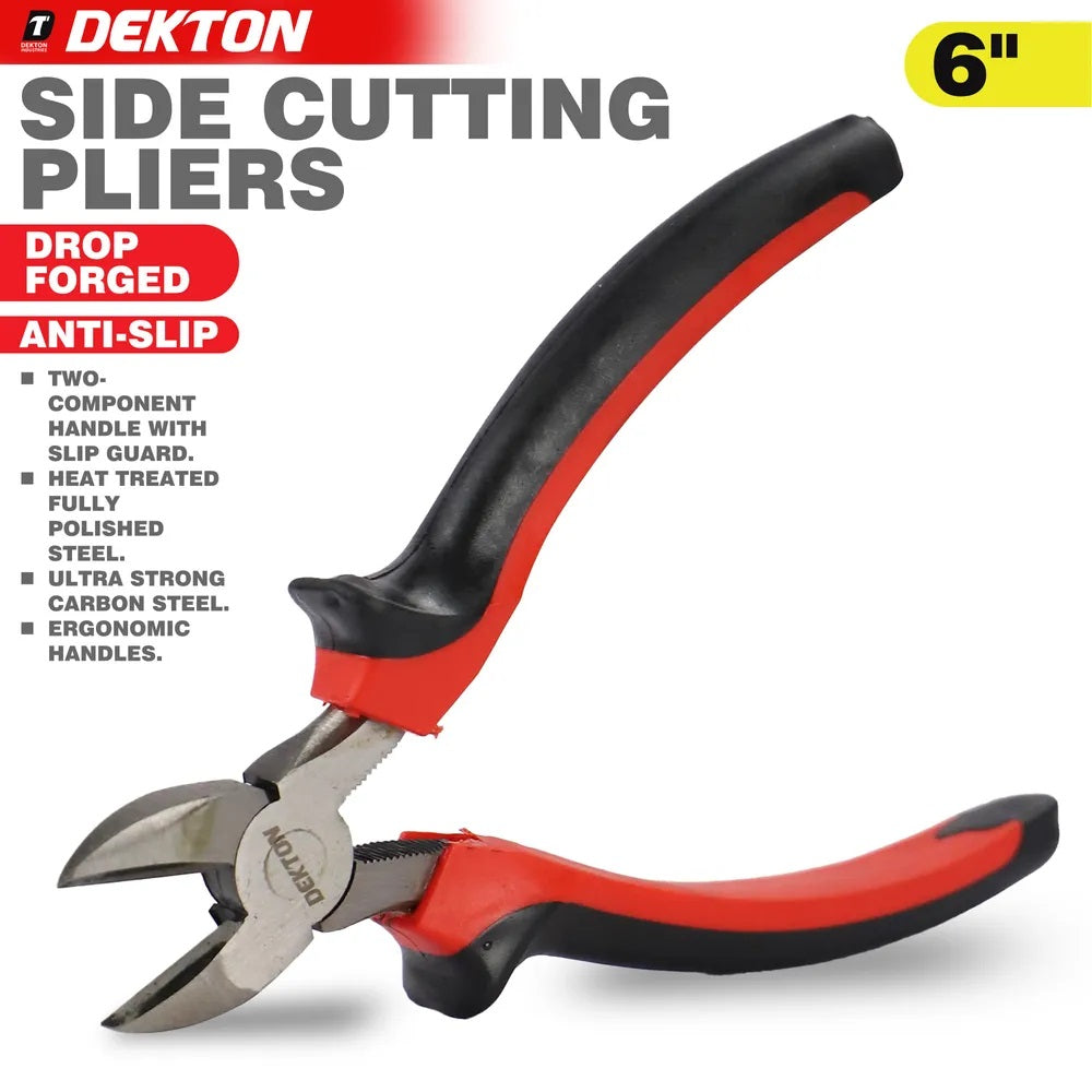 Dekton Side Cutting Pliers with Shock Proof Handle Black and Red 6-Inch DT20142A | Drop Forged Steel | Anti Slip Grip | Ergonomic Two Component Handles | Heat Treated Fully Polished Steel | Ultra Strong Carbon Steel | DIY Electrical and General Repairs | Diagonal Plier | Hand Tools