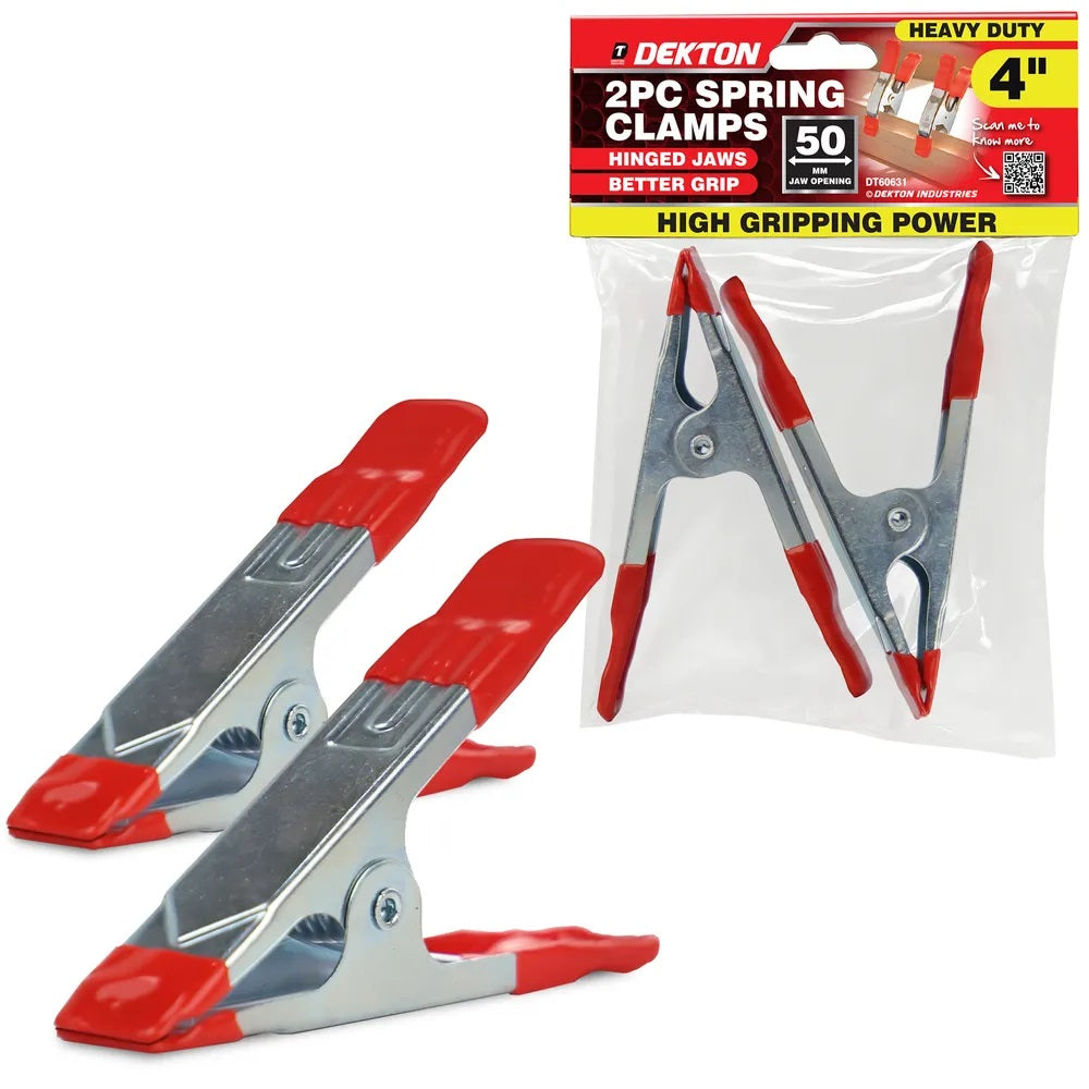 Dekton Spring Clamps Red and Silver 4-Inch Pack of 2 DT60631 | Heavy Duty Grip Clamps | Hinged Jaws | 50mm Jaw Opening | High Gripping Power | Non Slip Protective Tips | For Woodworking DIY Crafts and Repairs | Craft Clamps | Assembly Clamps | Multi