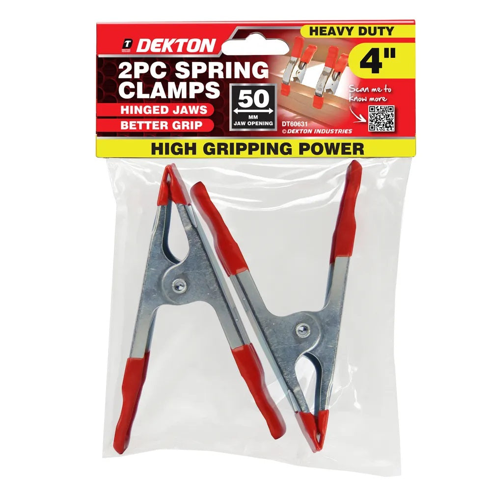 Dekton Spring Clamps Red and Silver 4-Inch Pack of 2 DT60631 | Heavy Duty Grip Clamps | Hinged Jaws | 50mm Jaw Opening | High Gripping Power | Non Slip Protective Tips | For Woodworking DIY Crafts and Repairs | Craft Clamps | Assembly Clamps | Multi