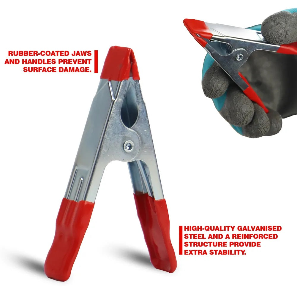 Dekton Spring Clamps Red and Silver 4-Inch Pack of 2 DT60631 | Heavy Duty Grip Clamps | Hinged Jaws | 50mm Jaw Opening | High Gripping Power | Non Slip Protective Tips | For Woodworking DIY Crafts and Repairs | Craft Clamps | Assembly Clamps | Multi