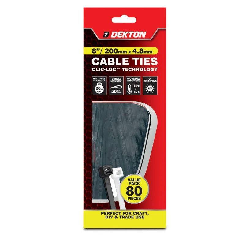 Dekton Heavy-Duty Multi Purpose Cable Ties Black 200mm x 4.8mm Pack of 80 DT70458 | Clic-Loc Technology | High Tensile Strength | Temperature Resistant | Self-Locking Teeth | For Indoor and Outdoor Use | UV Resistance | Bundle Diameter 50mm | Holds Up to