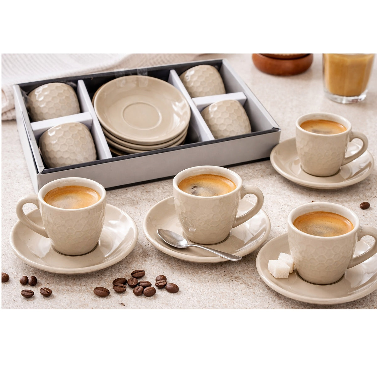 Excellent Houseware Espresso Stoneware Cup and Saucer Set Cream 90ml 11.5cm Pack of 8 Q96001460 | Espresso Coffee Cups | Matching Saucers Set | Ceramic Tea Coffee Set | Small Coffee Cups Set | Kitchen Drinkware Set | Modern Tableware Set