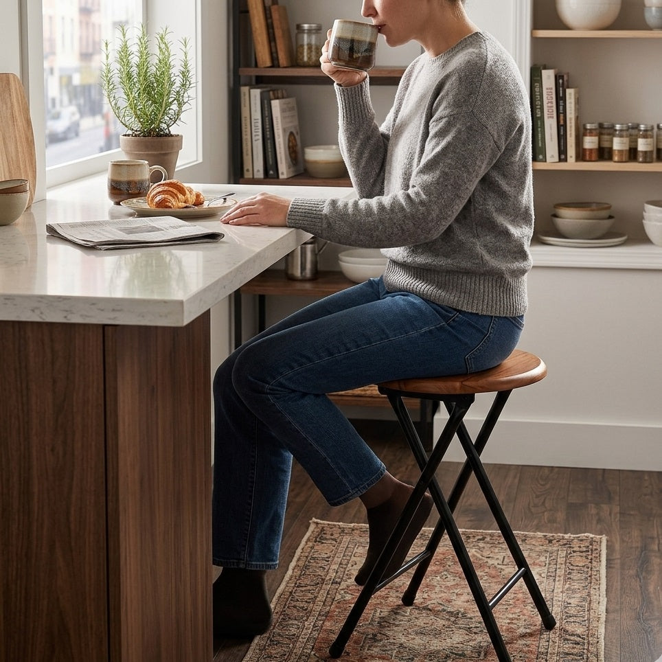 Folding Stool Brown YK3000020 | MDF Seat Stool | Metal Frame Folding Chair | Portable Compact Stool | Space Saving Seating | Kitchen Bar Stool | Indoor Utility Stool | Foldable Seating Furniture