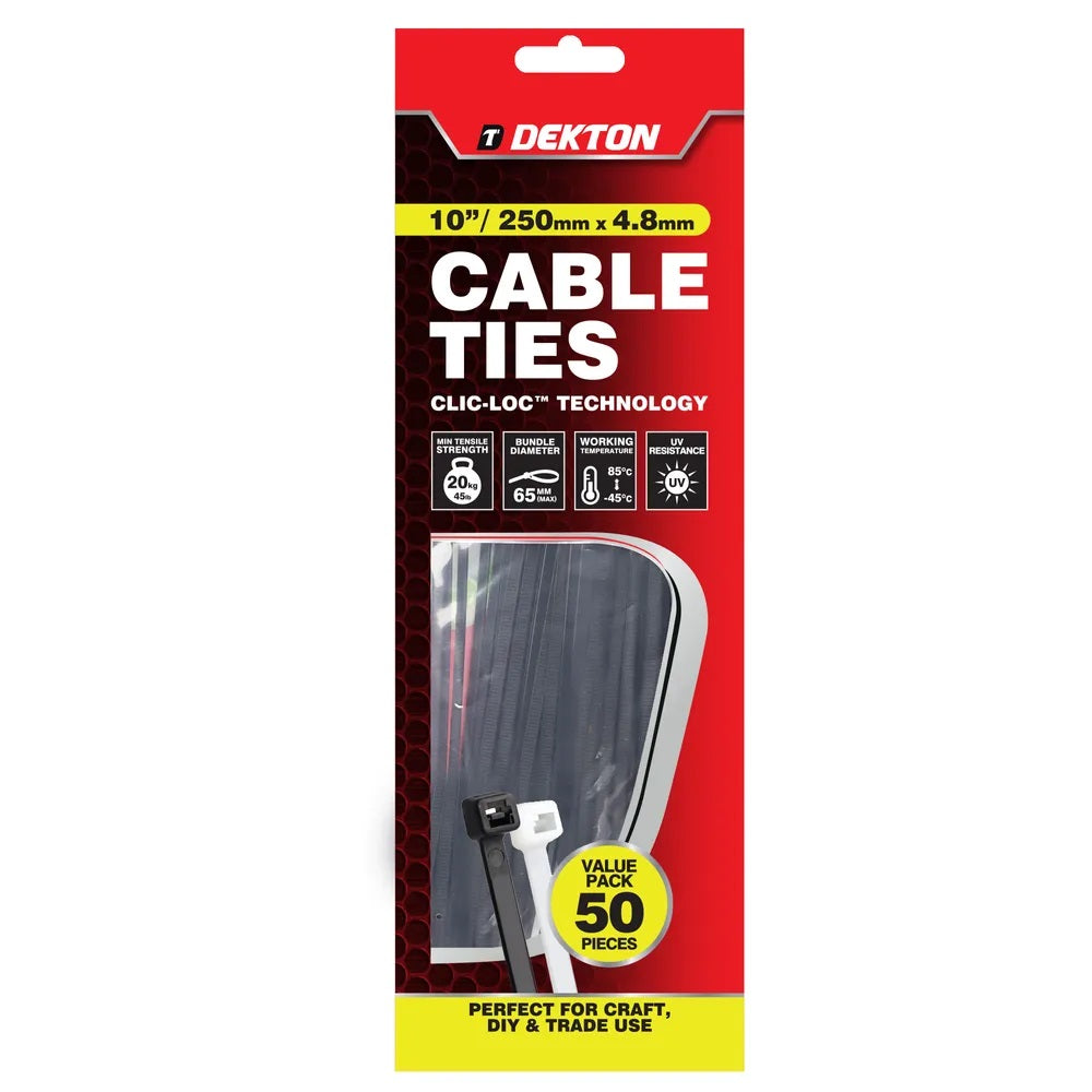 Dekton Heavy-Duty Multi Purpose Cable Ties Black 250mm x 4.8mm Pack of 50 DT70466B | Clic-Loc Technology | High Tensile Strength | Temperature Resistant | Self-Locking Teeth | For Indoor and Outdoor Use | UV Resistance | Bundle Diameter 65mm | Holds Up