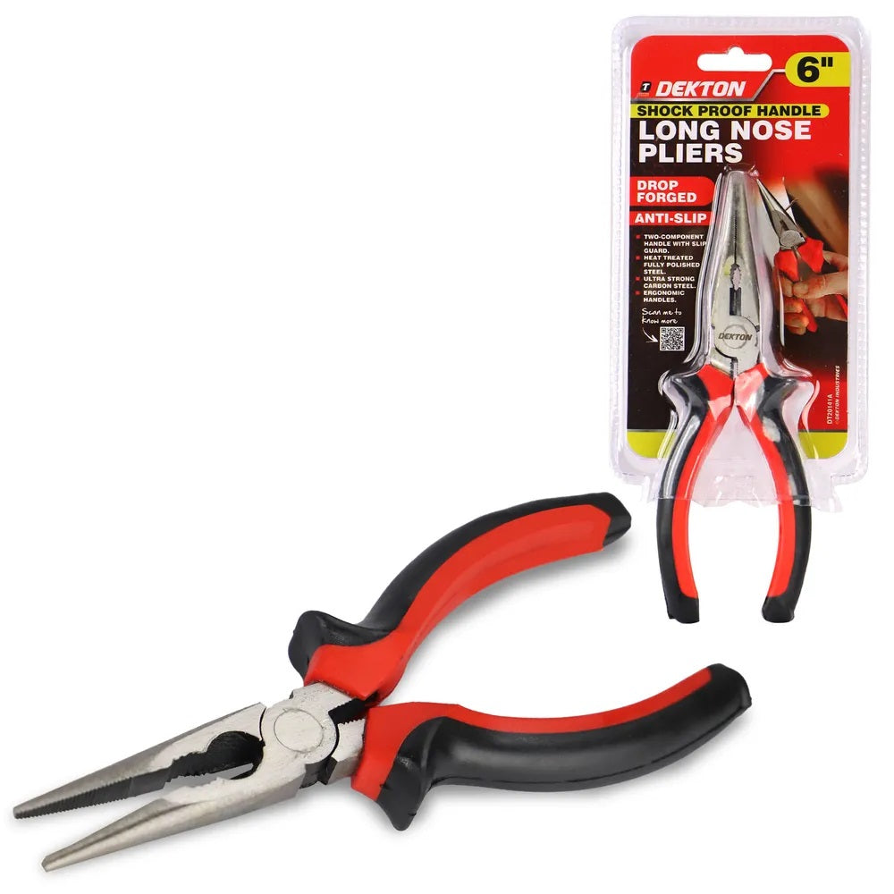 Dekton Long Nose Pliers Red and Black 6-Inch DT20141A | Shock Proof Handle | Anti Slip Grip | Drop Forged Carbon Steel | Precision Tool for DIY and Electrical Work | Two Component Handle | Heat Treated Fully Polished Steel | Pointed Nose Pliers | Precision Pliers | Electrical Tools | DIY Tools | Wire Cutting Tool