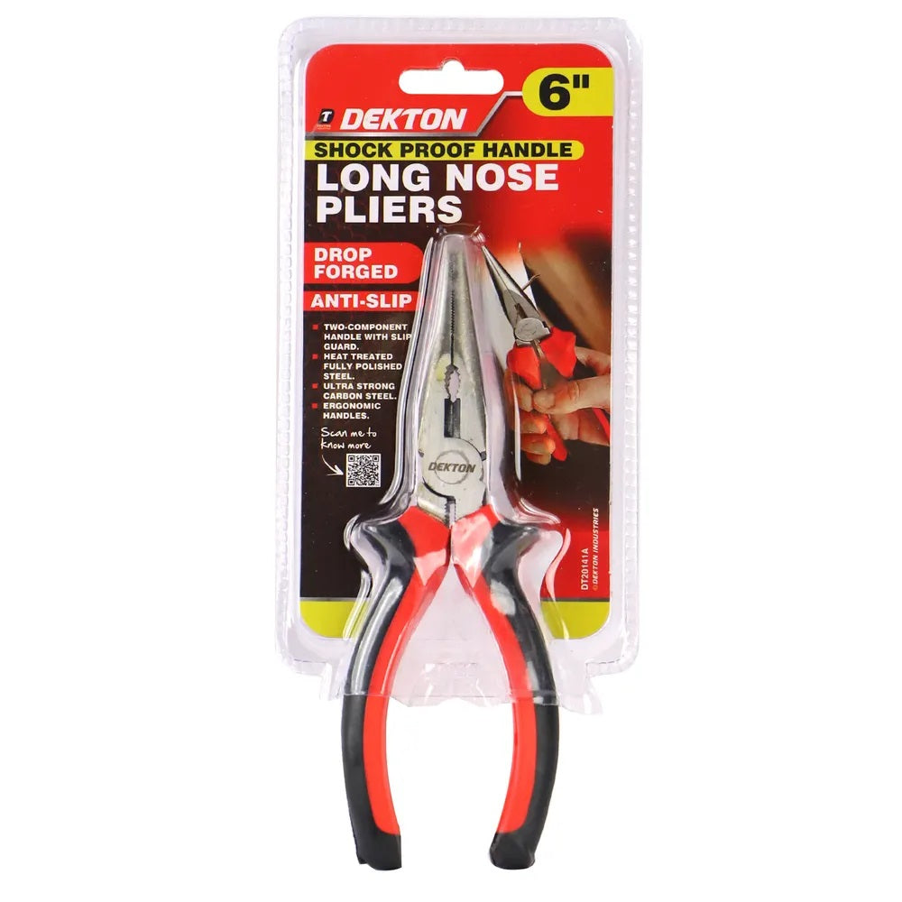 Dekton Long Nose Pliers Red and Black 6-Inch DT20141A | Shock Proof Handle | Anti Slip Grip | Drop Forged Carbon Steel | Precision Tool for DIY and Electrical Work | Two Component Handle | Heat Treated Fully Polished Steel | Pointed Nose Pliers