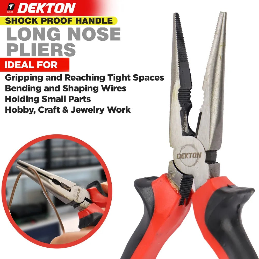 Dekton Long Nose Pliers Red and Black 6-Inch DT20141A | Shock Proof Handle | Anti Slip Grip | Drop Forged Carbon Steel | Precision Tool for DIY and Electrical Work | Two Component Handle | Heat Treated Fully Polished Steel | Pointed Nose Pliers