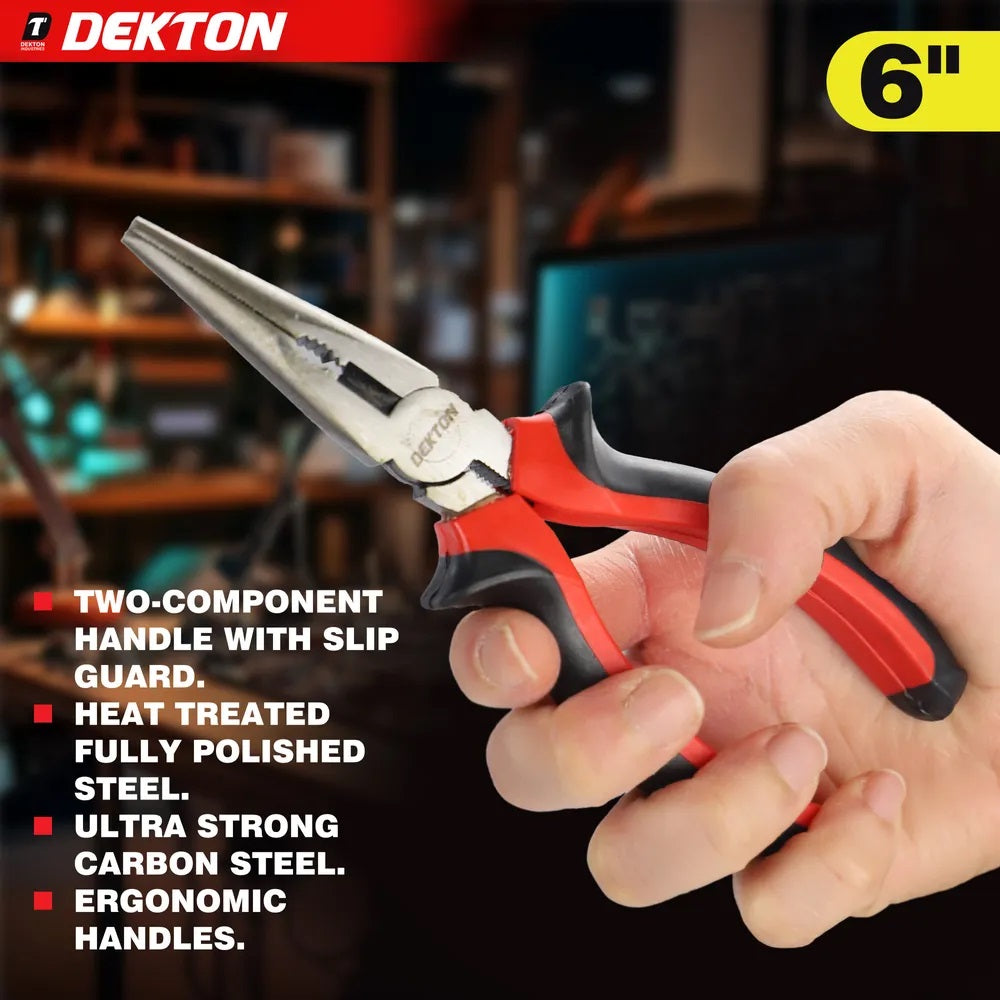 Dekton Long Nose Pliers Red and Black 6-Inch DT20141A | Shock Proof Handle | Anti Slip Grip | Drop Forged Carbon Steel | Precision Tool for DIY and Electrical Work | Two Component Handle | Heat Treated Fully Polished Steel | Pointed Nose Pliers