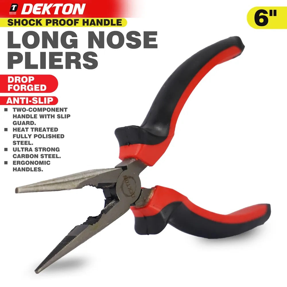 Dekton Long Nose Pliers Red and Black 6-Inch DT20141A | Shock Proof Handle | Anti Slip Grip | Drop Forged Carbon Steel | Precision Tool for DIY and Electrical Work | Two Component Handle | Heat Treated Fully Polished Steel | Pointed Nose Pliers