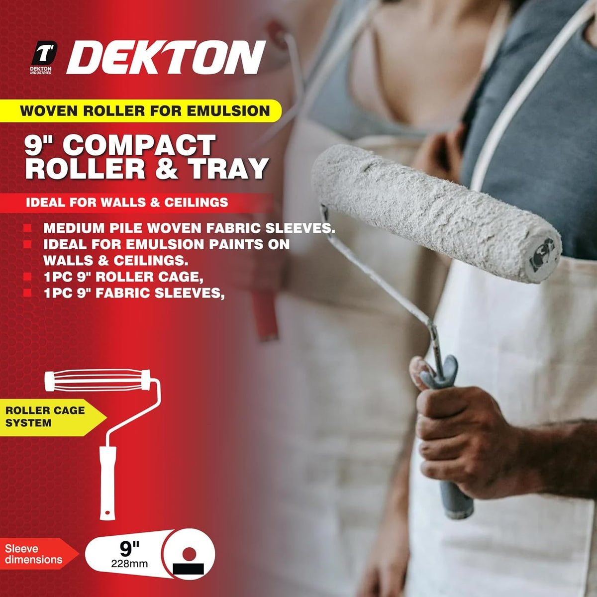Dekton Paint Roller Cage Frame with Head Sleeves Red 9-Inch DT95875H | Heavy Duty Roller Handle | Durable Steel Frame for Painting | Smooth Rolling Paint Frame | Home Painting Tool | Ceiling Paint Roller | Wall Painting Roller Frame