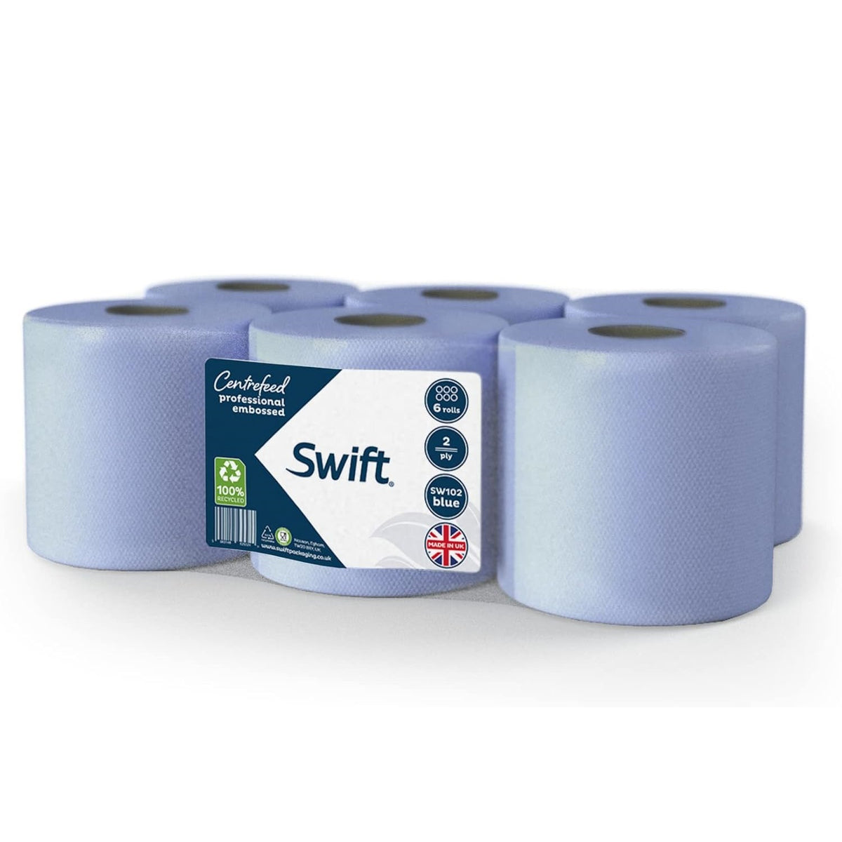 Swift Centrefeed 2 Ply Paper Rolls Blue Pack of 6 SW102 | Professional Embossed Cleaning Rolls | 100 Percent Recycled Tissue | Strong Absorbent | Wiping Paper | For Kitchens Workshops and Commercial Use | Recycled Paper Towels | Cleaning Paper