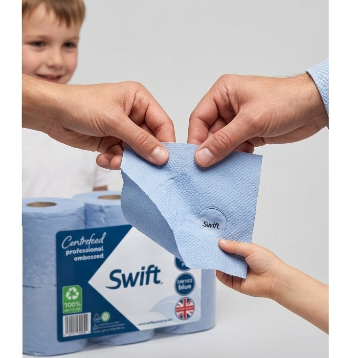 Swift Centrefeed 2 Ply Paper Rolls Blue Pack of 6 SW102 | Professional Embossed Cleaning Rolls | 100 Percent Recycled Tissue | Strong Absorbent | Wiping Paper | For Kitchens Workshops and Commercial Use | Recycled Paper Towels | Cleaning Paper