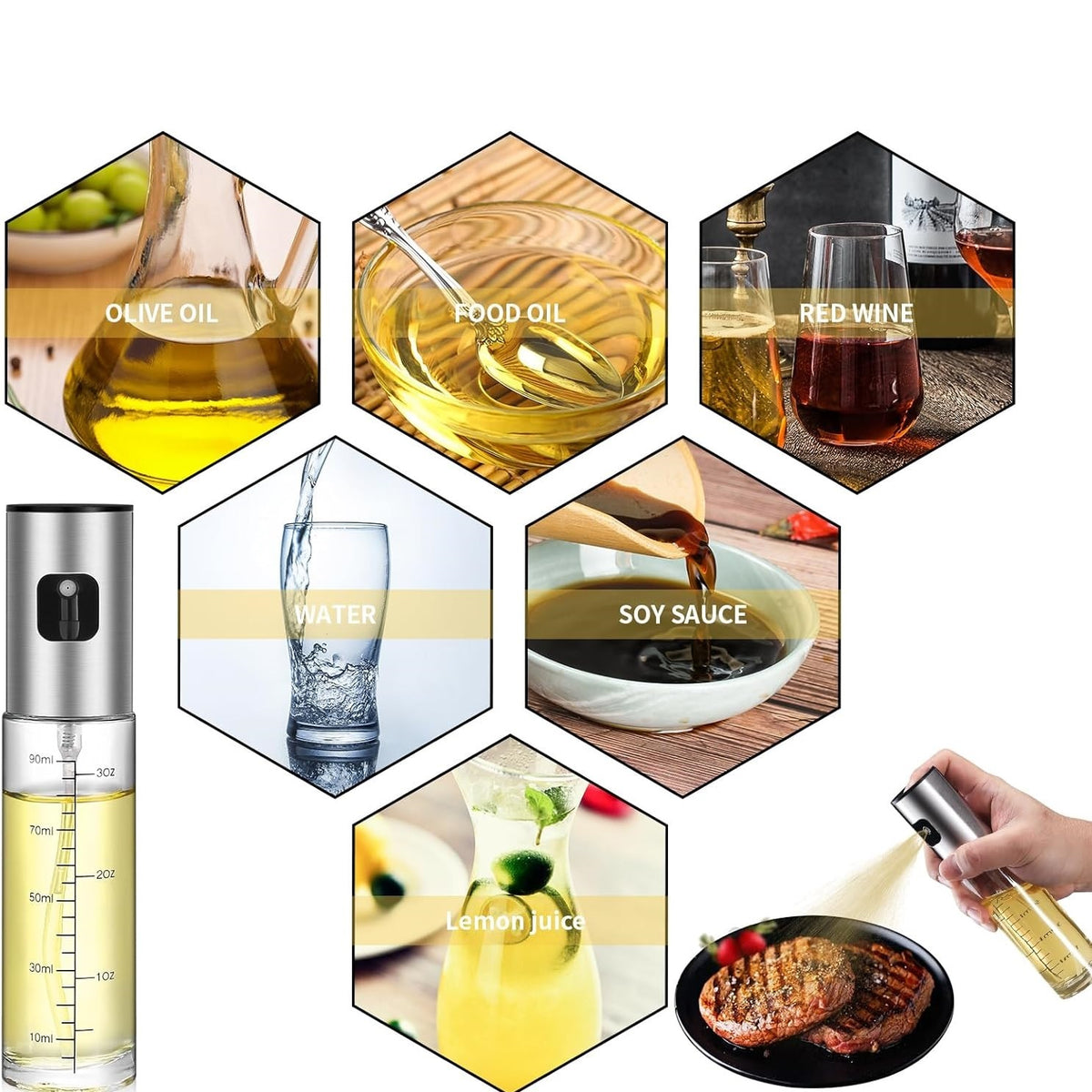 Glass Oil Spray Dispenser with Measurement Markings Clear 100ml 170492240 | Stainless Steel Olive Oil Mister Bottle | Fine Mist Sprayer | For Cooking Baking BBQ | Refillable Kitchen Oil Sprayer | Leakproof Vinegar Spray Bottle | Oil Mister | Refillable