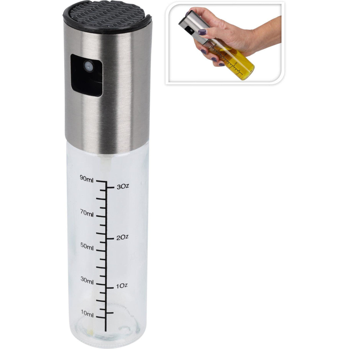 Glass Oil Spray Dispenser with Measurement Markings Clear 100ml 170492240 | Stainless Steel Olive Oil Mister Bottle | Fine Mist Sprayer | For Cooking Baking BBQ | Refillable Kitchen Oil Sprayer | Leakproof Vinegar Spray Bottle | Oil Mister | Refillable