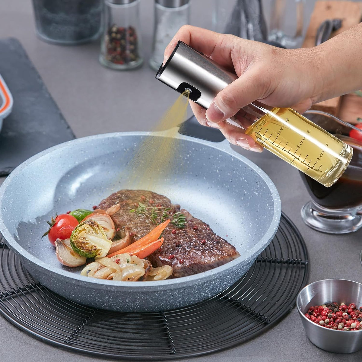 Glass Oil Spray Dispenser with Measurement Markings Clear 100ml 170492240 | Stainless Steel Olive Oil Mister Bottle | Fine Mist Sprayer | For Cooking Baking BBQ | Refillable Kitchen Oil Sprayer | Leakproof Vinegar Spray Bottle | Oil Mister | Refillable