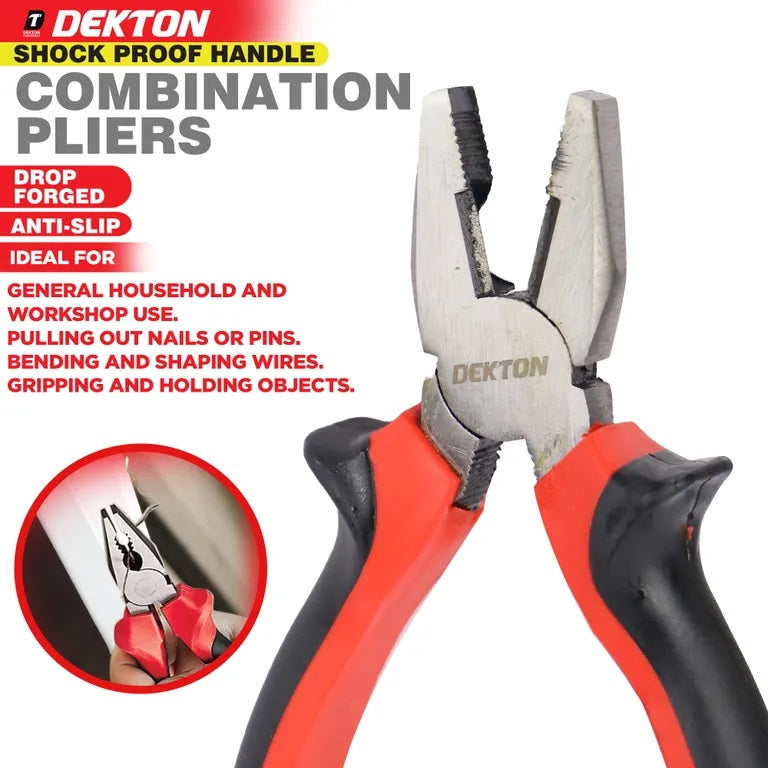 Dekton Combination Pliers Red and Black 6-Inch DT20143A | Drop Forged Carbon Steel | Shockproof Handle | Heavy Duty Multipurpose Pliers | For Cutting Gripping Bending | DIY Electrical Repair Hand Tool | Ergonomic Handles | Heat Treated Fully Polished Steel | Two Component Handle with Slip Guard
