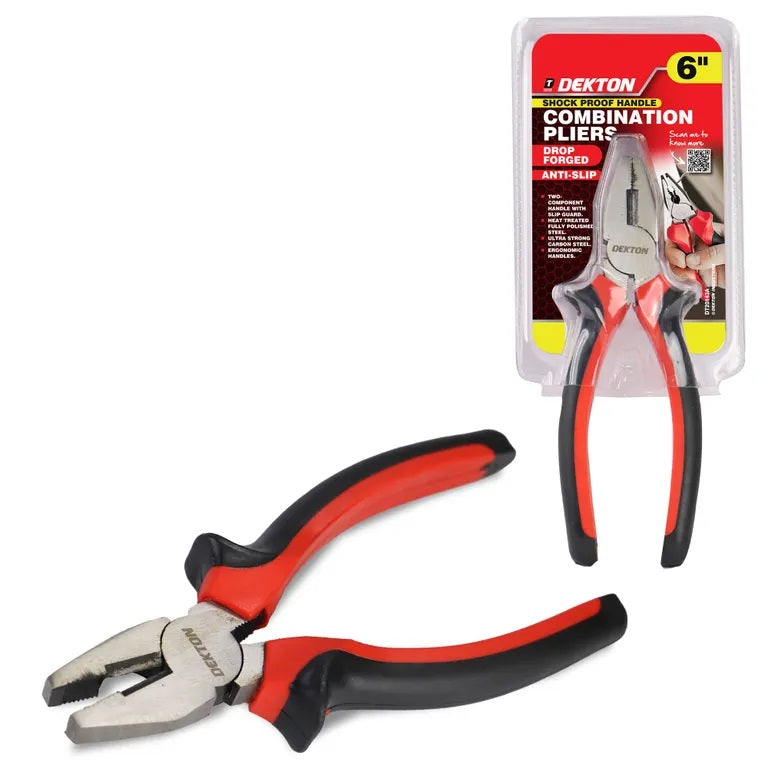 Dekton Combination Pliers Red and Black 6-Inch DT20143A | Drop Forged Carbon Steel | Shockproof Handle | Heavy Duty Multipurpose Pliers | For Cutting Gripping Bending | DIY Electrical Repair Hand Tool | Ergonomic Handles | Heat Treated Fully Polished