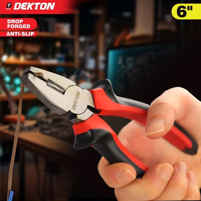 Dekton Combination Pliers Red and Black 6-Inch DT20143A | Drop Forged Carbon Steel | Shockproof Handle | Heavy Duty Multipurpose Pliers | For Cutting Gripping Bending | DIY Electrical Repair Hand Tool | Ergonomic Handles | Heat Treated Fully Polished