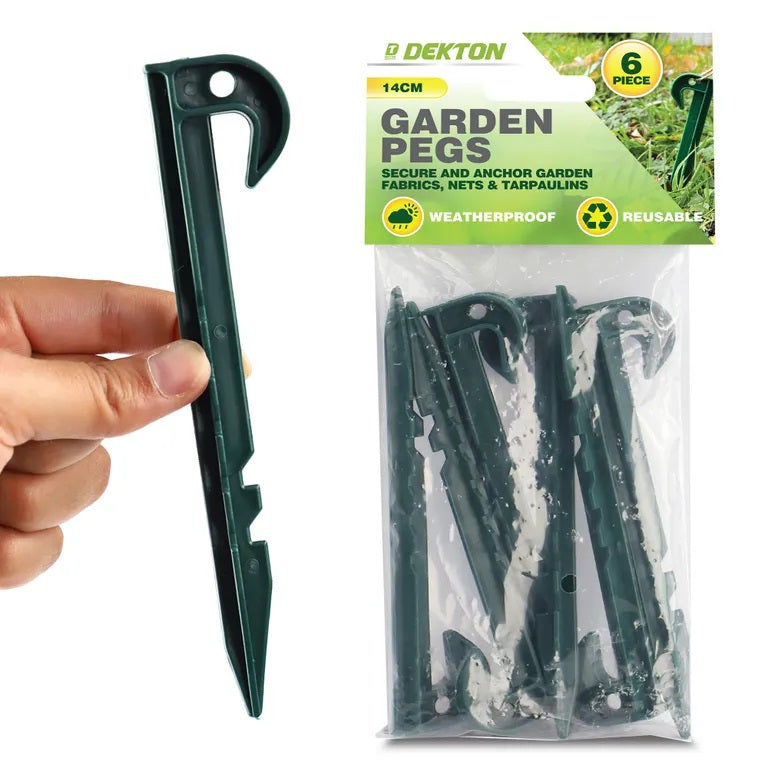 Dekton Garden Pegs Green 14cm Pack of 6 DT95875I | Heavy Duty Plastic Ground Stakes | Weatherproof | Reusable Tent Pegs | Secure and Anchor Garden Fabrics | For Nets and Tarpaulins | Garden Accessories | Landscaping Tools | Soil Anchoring Pegs | Garden