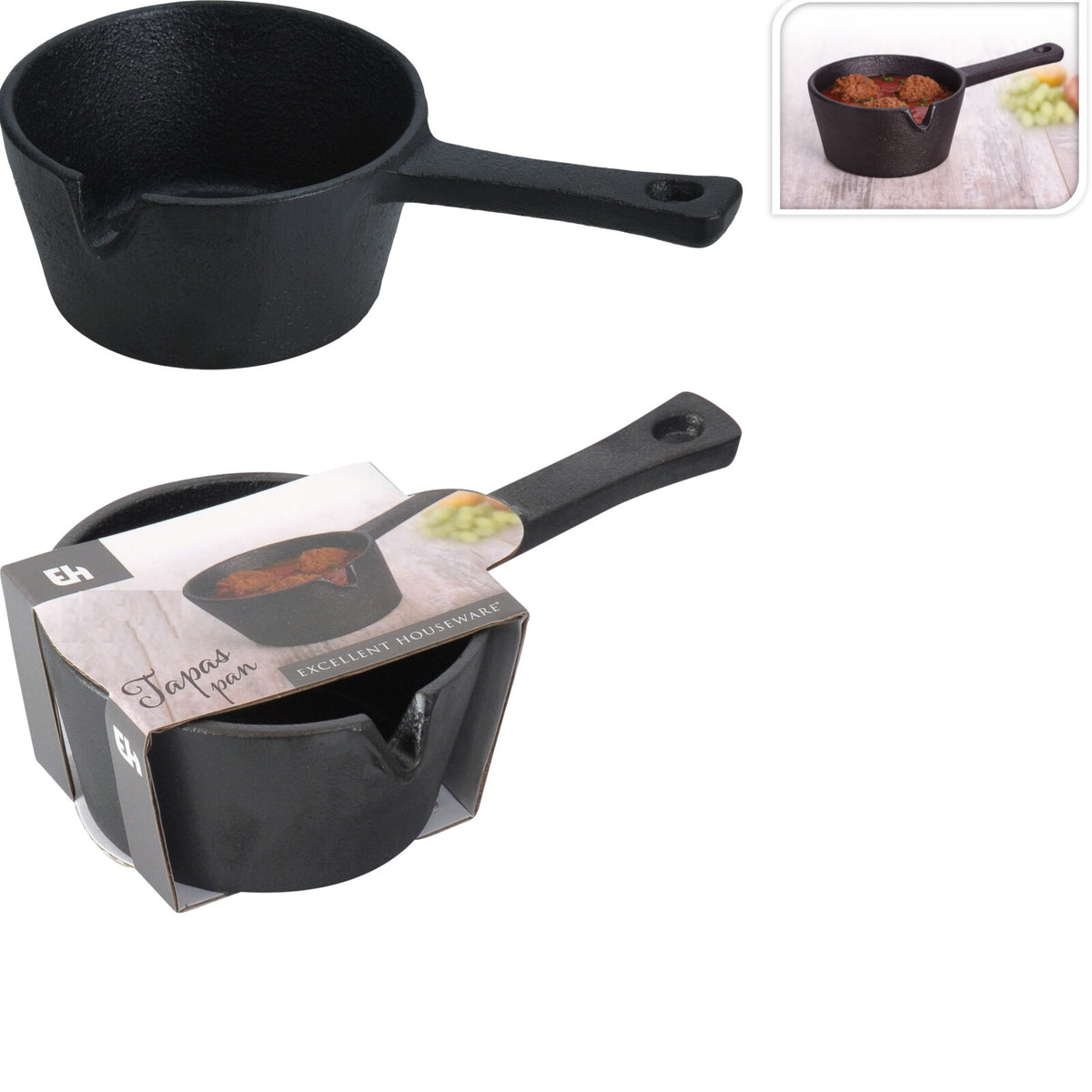 Excellent Houseware Cast Iron Multipurpose Tapas Pan Black 180ml C85000300 | With Pouring Spout | Durable Serving Pan | Heat Retaining Kitchen Cookware | Kitchen Essentials | Serving Pan | Rustic Kitchenware