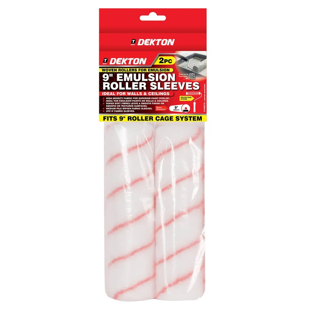 Dekton Woven Rollers for Emulsion White 9-Inch Pack of 2 DT95875I | Medium Pile Woven Fabric Sleeves | For Walls and Ceilings | Fits Roller Cage System | High Density Fabric | Smooth or Textured Surfaces | Woven Paint Roller | Smooth Finish Rollers
