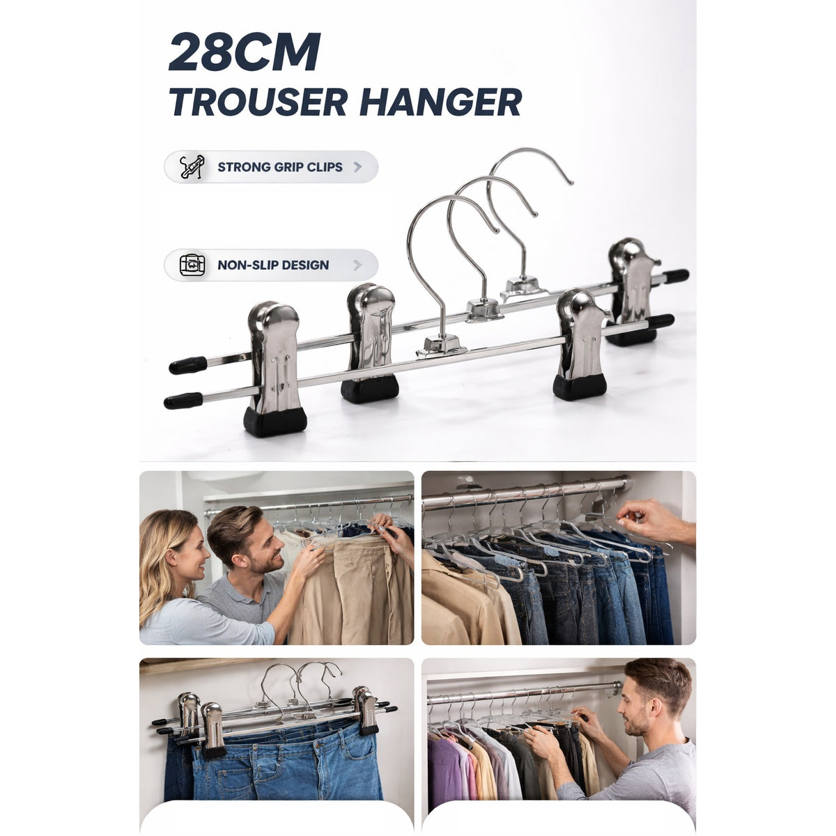 Storage Solutions Trouser Hangers Black and Silver 28cm Pack of 3 529960000 | Metal Clothes Hangers | With Strong Clips | Non Slip Tips | Space Saving Wardrobe Storage | For Trousers-Skirts and Jeans