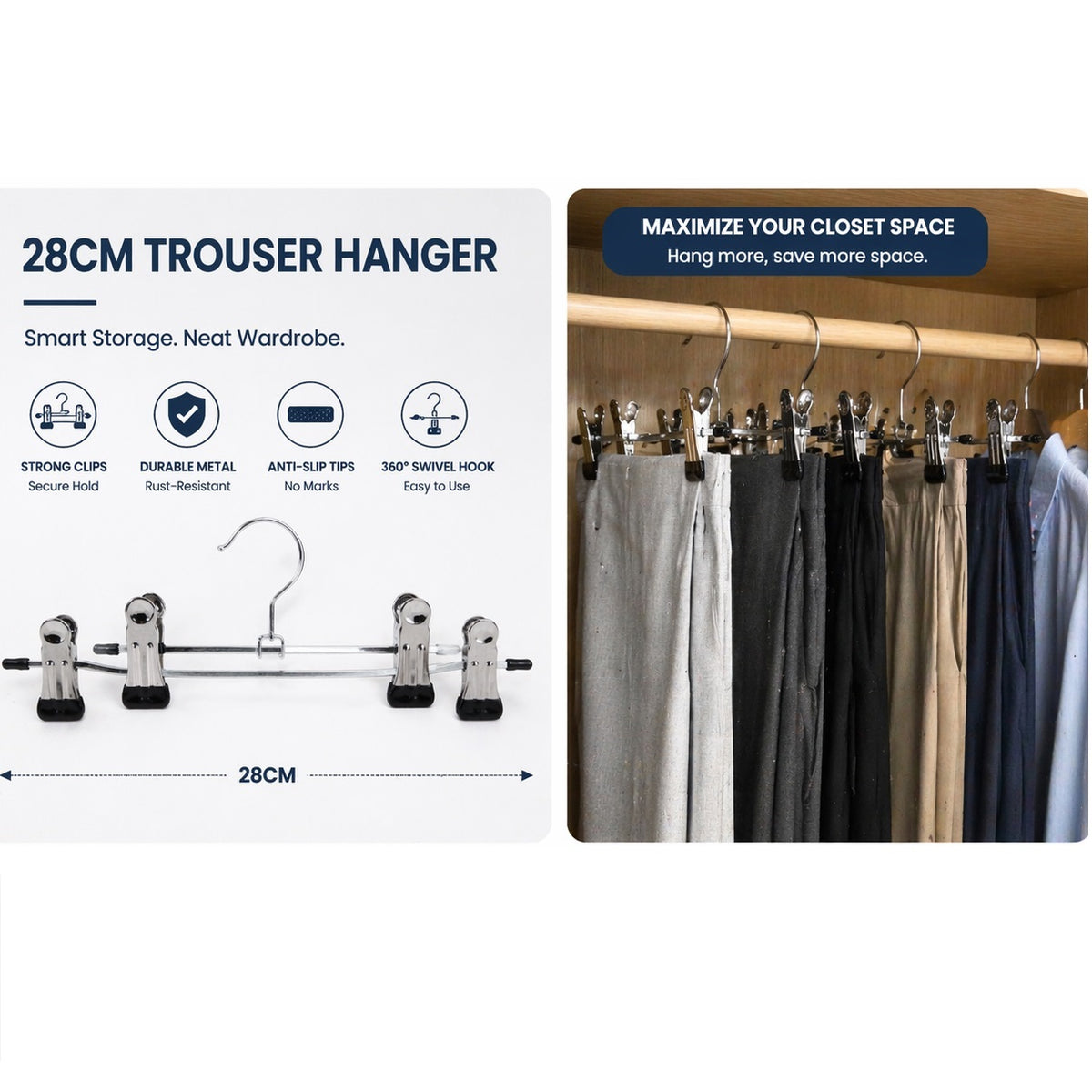 Storage Solutions Trouser Hangers Black and Silver 28cm Pack of 3 529960000 | Metal Clothes Hangers | With Strong Clips | Non Slip Tips | Space Saving Wardrobe Storage | For Trousers-Skirts and Jeans