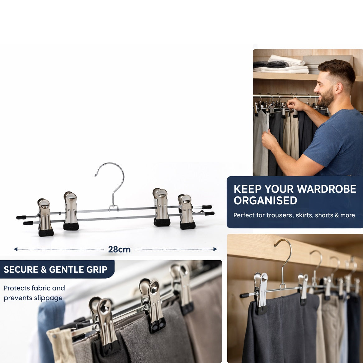 Storage Solutions Trouser Hangers Black and Silver 28cm Pack of 3 529960000 | Metal Clothes Hangers | With Strong Clips | Non Slip Tips | Space Saving Wardrobe Storage | For Trousers-Skirts and Jeans