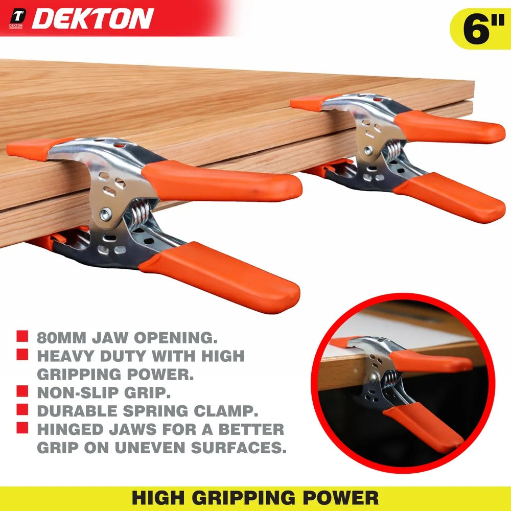 Dekton Spring Clamps Red and Silver 6-Inch Pack of 1 DT60606 | Heavy Duty Grip Clamps | Hinged Jaws | 80mm Jaw Opening | High Gripping Power | Non Slip Protective Tips | For Woodworking DIY Crafts and Repairs | Craft Clamps | Assembly Clamps | Multi