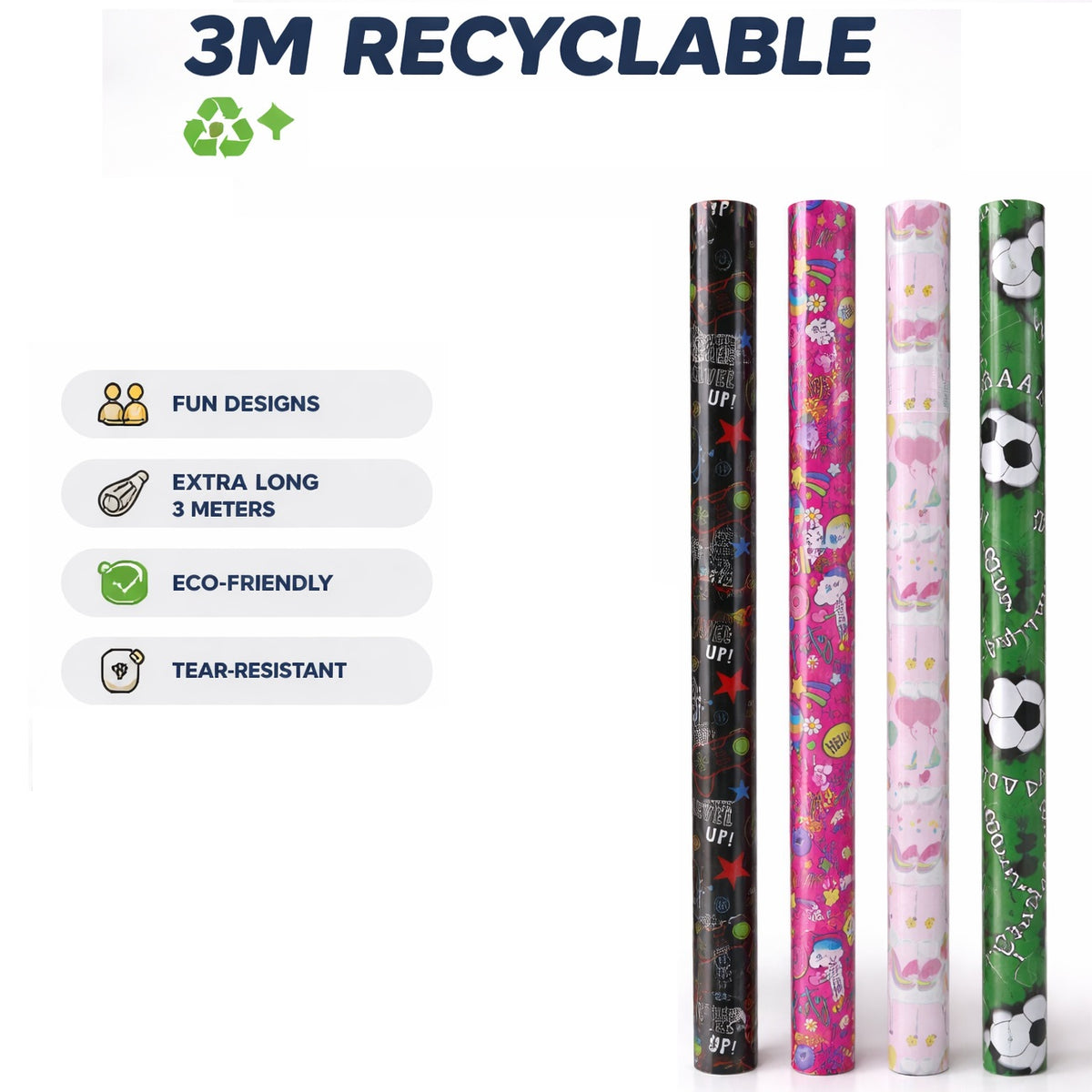 Clairefontaine Eurowrap Recyclable Kids Gift Wrap Roll Assorted Colours 3Mtr x 70cm Pack of 1 37088-GWC | Eco-Friendly Wrapping Paper | Child Friendly Designs | FSC Certified Recycled Paper | For Birthdays-Holidays and Special Occasions | Decorative Wrap | Present Wrap | Wrapping Paper
