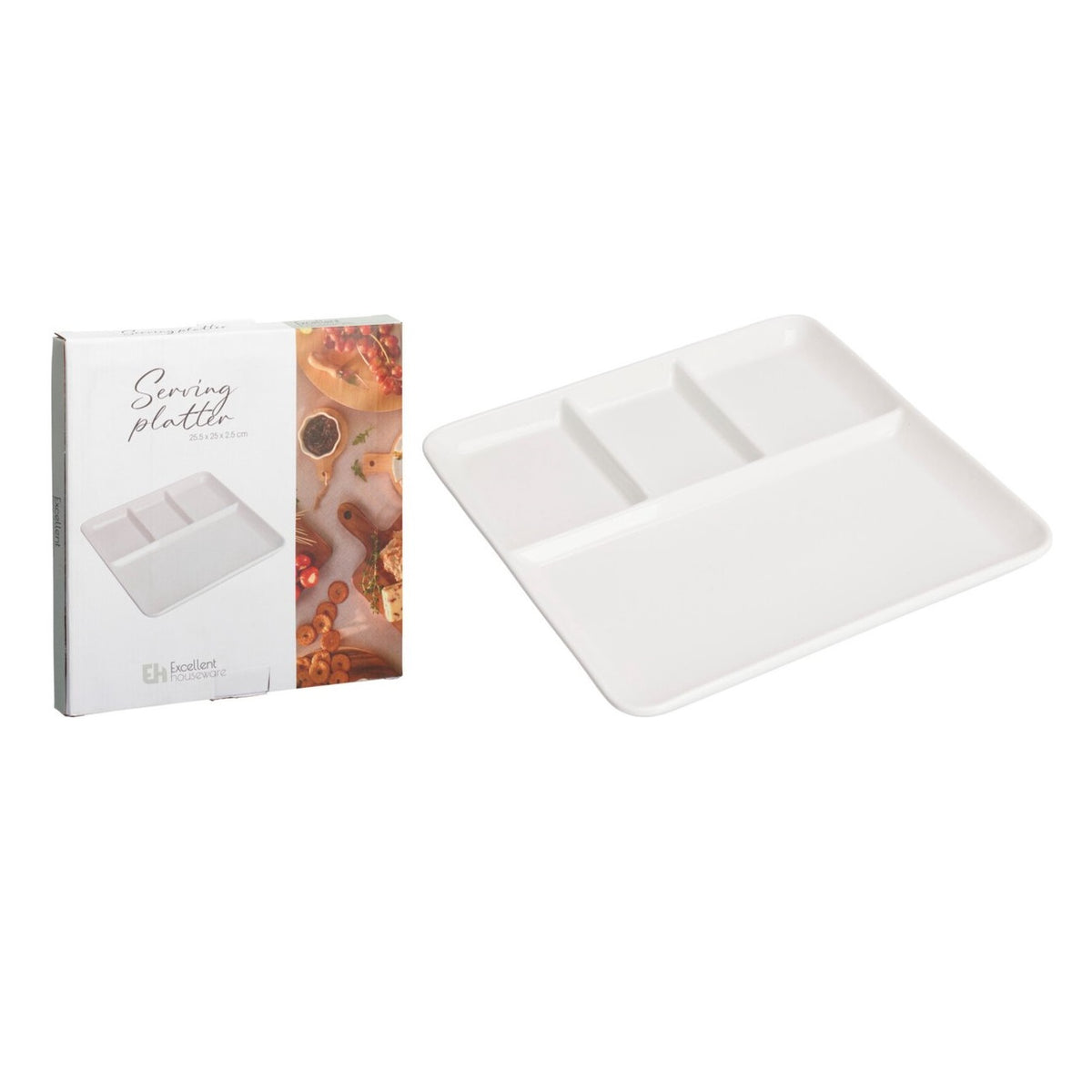 Excellent Houseware Serving Platter White 25.5cm x 25cm x 2.5cm 795880770 | High-quality Porcelain | Serving Tray with Compartments | Plastic Food Serving Plate | Kitchen Serveware | Snack Tray | Appetiser Plate | Party Serving Tray | Sectioned Plate
