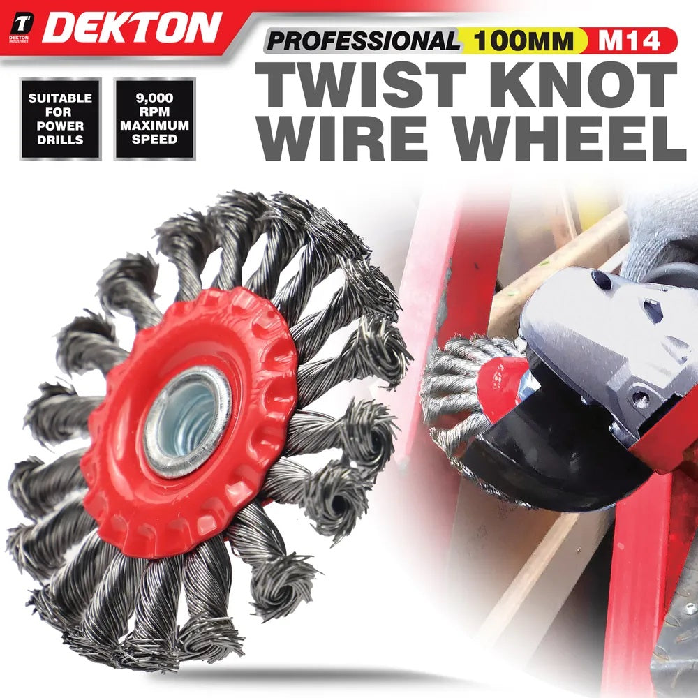 Dekton Twist Knot Wire Wheel M14 Red and Grey 100mm DT80513 | Professional Angle Grinder Wire Brush | Heavy Duty Rust Paint Removal Wheel | Deburr and Descale Cleaning Tool | 11000 RPM Max Speed | Steel Wire Brush | Grinder Accessories | Metal Cleaning Wheel | For Power Drills