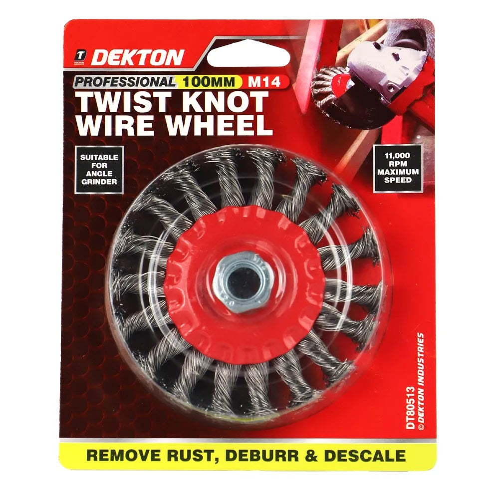 Dekton Twist Knot Wire Wheel M14 Red and Grey 100mm DT80513 | Professional Angle Grinder Wire Brush | Heavy Duty Rust Paint Removal Wheel | Deburr and Descale Cleaning Tool | 11000 RPM Max Speed | Steel Wire Brush | Grinder Accessories | Metal Cleaning