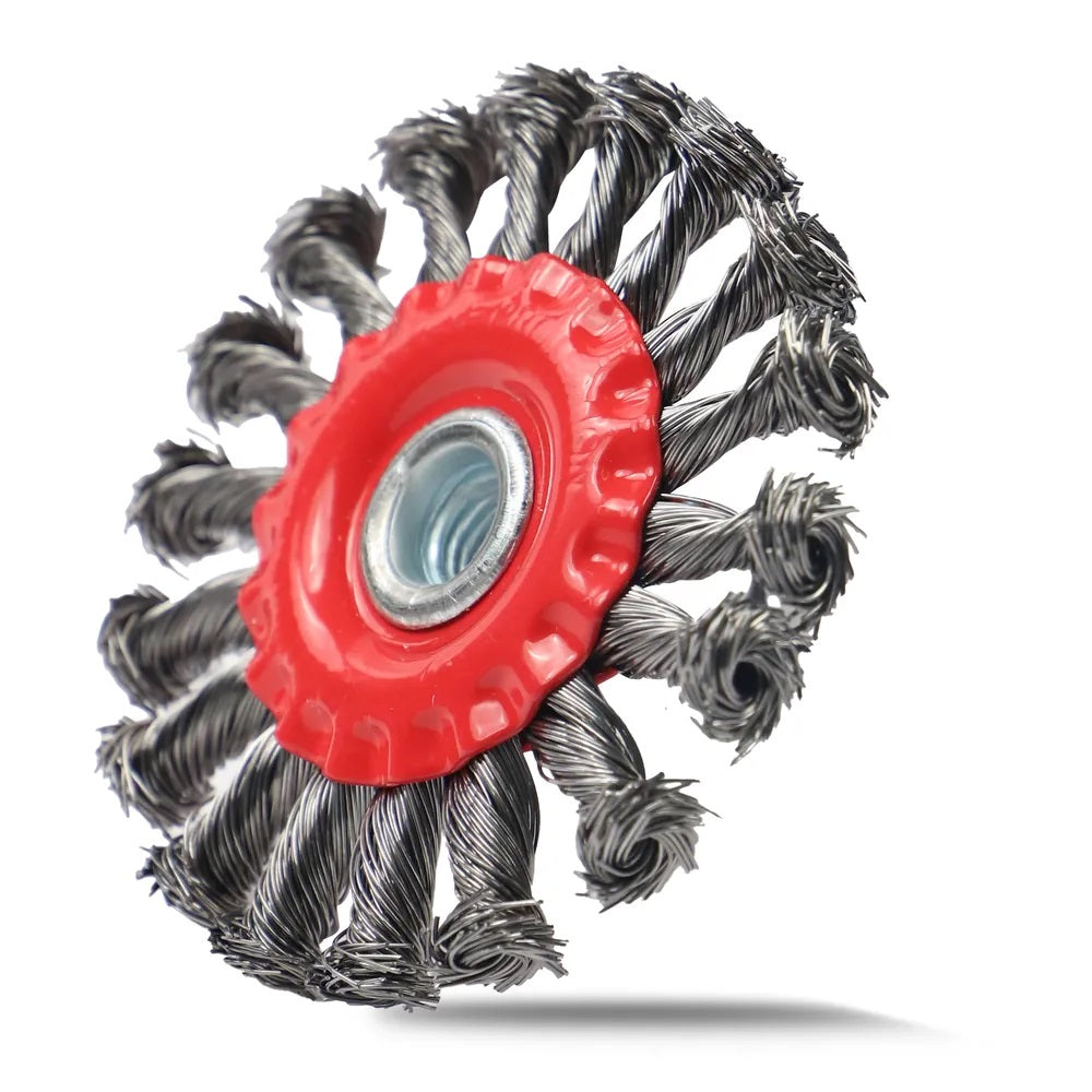 Dekton Twist Knot Wire Wheel M14 Red and Grey 100mm DT80513 | Professional Angle Grinder Wire Brush | Heavy Duty Rust Paint Removal Wheel | Deburr and Descale Cleaning Tool | 11000 RPM Max Speed | Steel Wire Brush | Grinder Accessories | Metal Cleaning