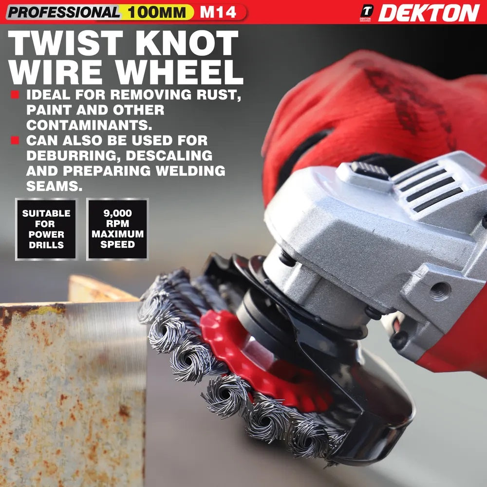 Dekton Twist Knot Wire Wheel M14 Red and Grey 100mm DT80513 | Professional Angle Grinder Wire Brush | Heavy Duty Rust Paint Removal Wheel | Deburr and Descale Cleaning Tool | 11000 RPM Max Speed | Steel Wire Brush | Grinder Accessories | Metal Cleaning