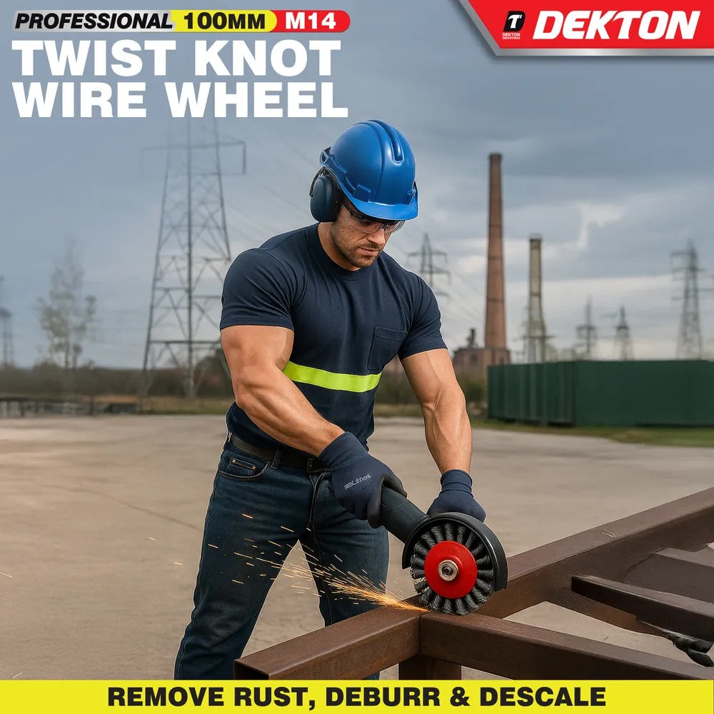 Dekton Twist Knot Wire Wheel M14 Red and Grey 100mm DT80513 | Professional Angle Grinder Wire Brush | Heavy Duty Rust Paint Removal Wheel | Deburr and Descale Cleaning Tool | 11000 RPM Max Speed | Steel Wire Brush | Grinder Accessories | Metal Cleaning