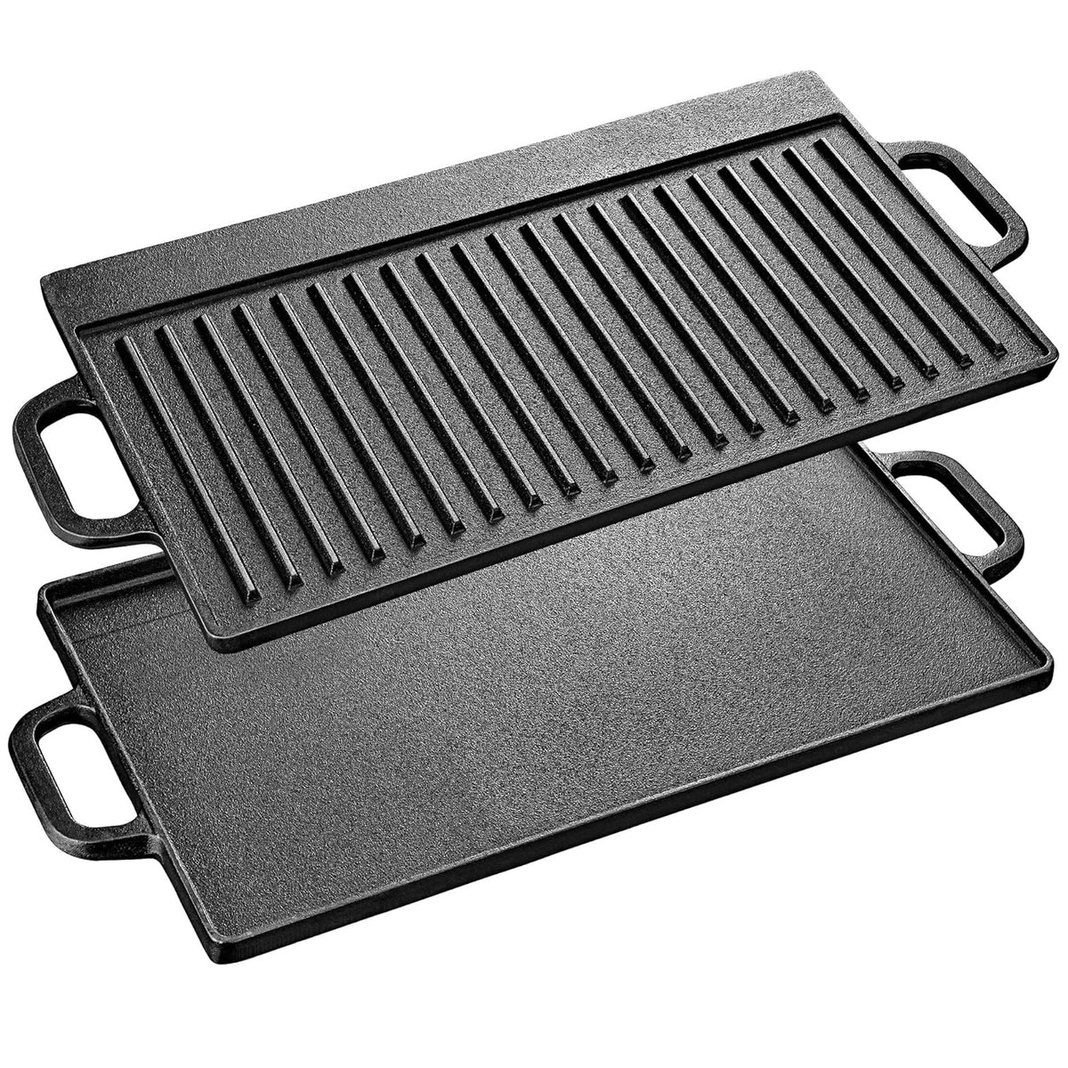 BBQ Grill Style Double Sided Grill Pan with Handles Black 50.3cm x 23.5cm x 1.4cm C85000340 | Reversible Flat and Ribbed Cooking Surface | Non Stick Griddle Tray | Indoor Outdoor Cooking BBQ Plate | Max 240 Degree Celsius Heat Resistant | Meat Grill Plate | Vegetable Grill Pan | Kitchen Cookware