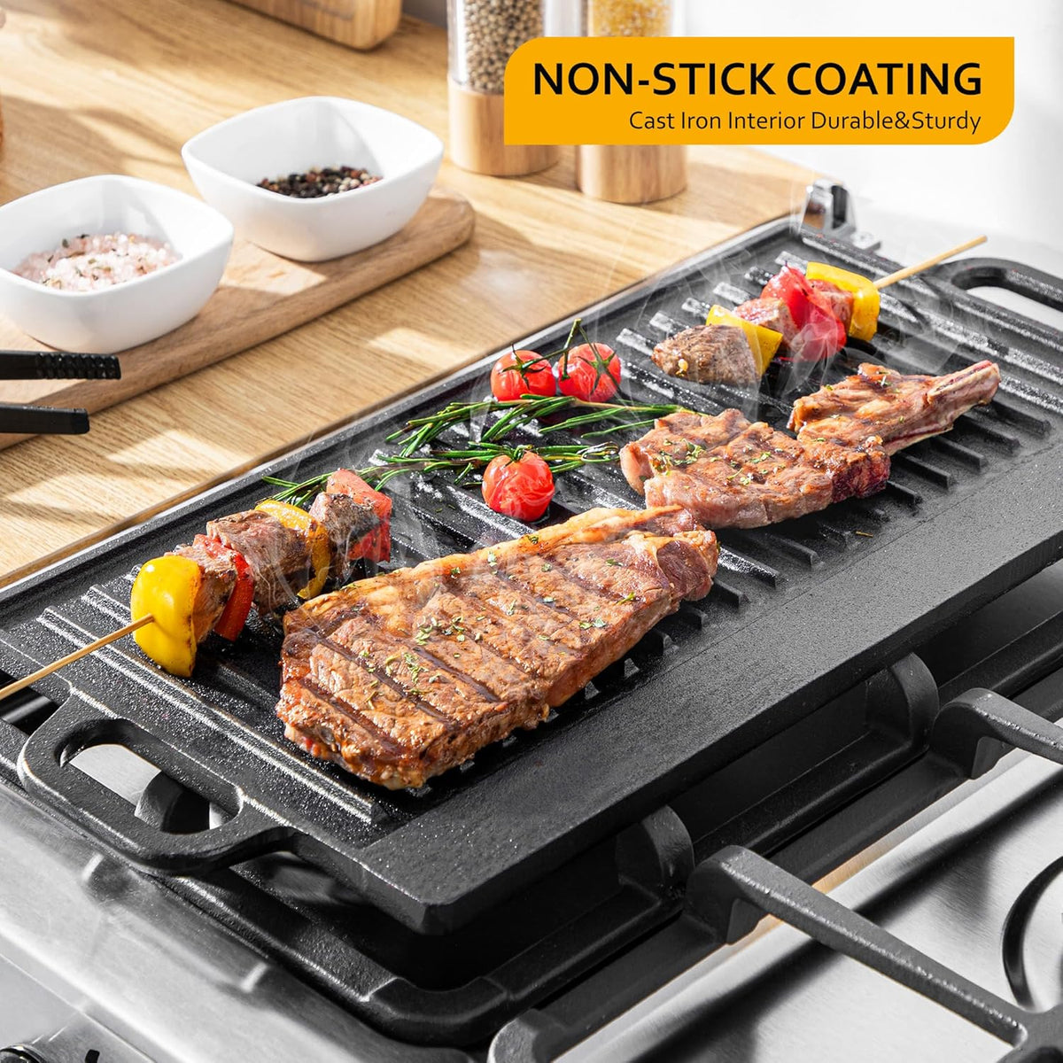 BBQ Grill Style Double Sided Grill Pan with Handles Black 50.3cm x 23.5cm x 1.4cm C85000340 | Reversible Flat and Ribbed Cooking Surface | Non Stick Griddle Tray | Indoor Outdoor Cooking BBQ Plate | Max 240 Degree Celsius Heat Resistant | Meat Grill