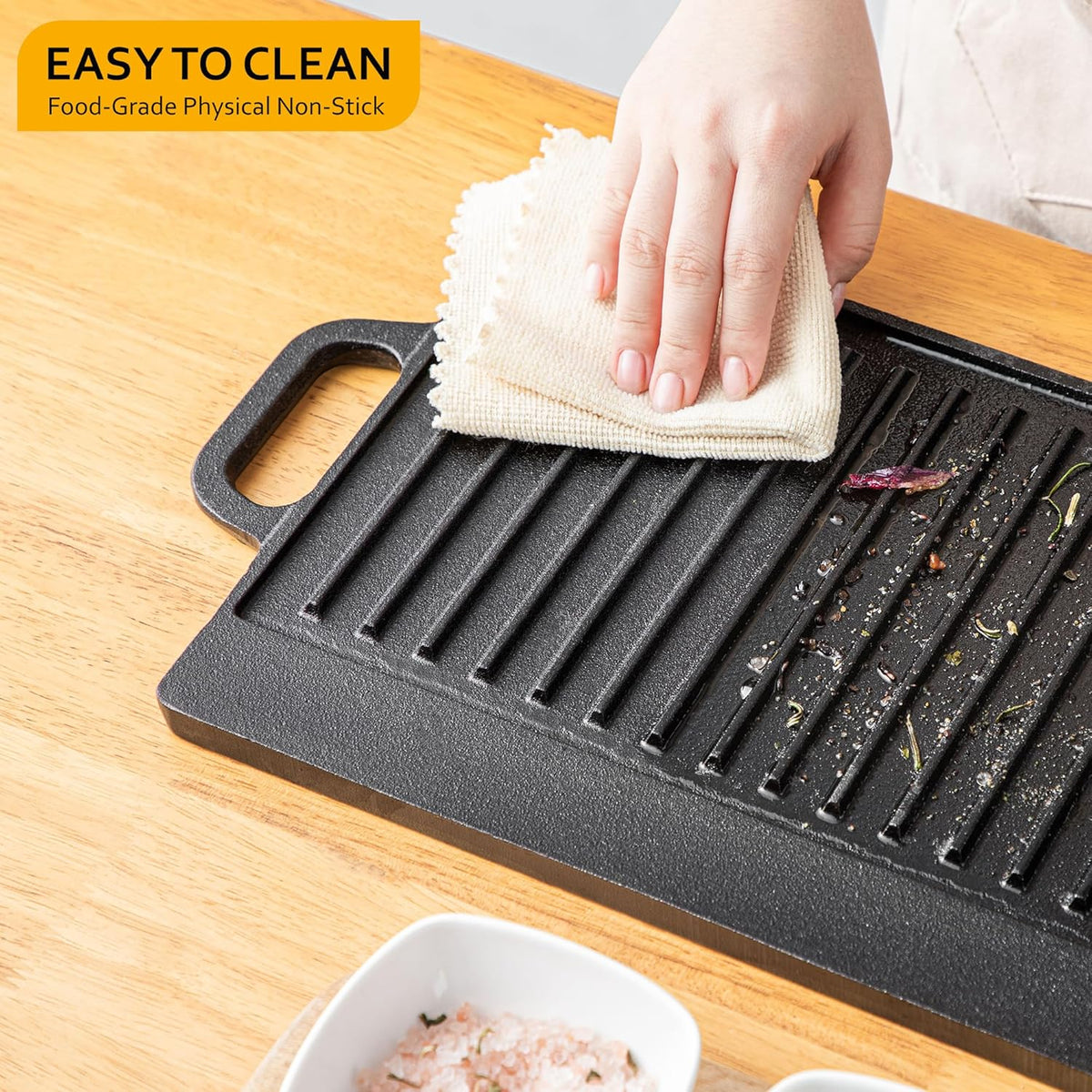 BBQ Grill Style Double Sided Grill Pan with Handles Black 50.3cm x 23.5cm x 1.4cm C85000340 | Reversible Flat and Ribbed Cooking Surface | Non Stick Griddle Tray | Indoor Outdoor Cooking BBQ Plate | Max 240 Degree Celsius Heat Resistant | Meat Grill
