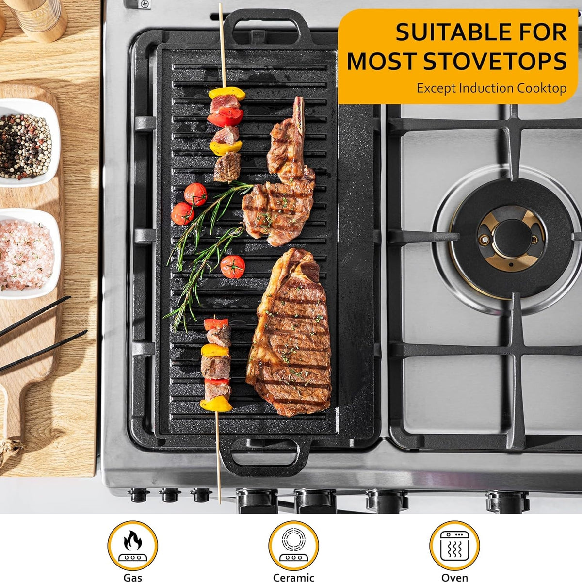 BBQ Grill Style Double Sided Grill Pan with Handles Black 50.3cm x 23.5cm x 1.4cm C85000340 | Reversible Flat and Ribbed Cooking Surface | Non Stick Griddle Tray | Indoor Outdoor Cooking BBQ Plate | Max 240 Degree Celsius Heat Resistant | Meat Grill
