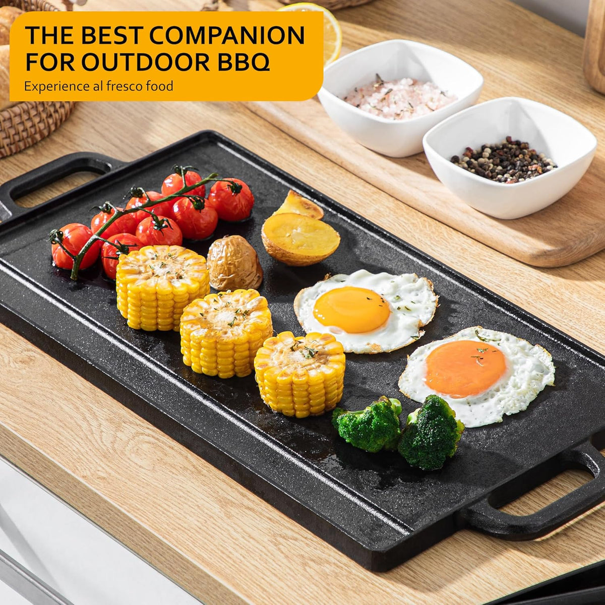 BBQ Grill Style Double Sided Grill Pan with Handles Black 50.3cm x 23.5cm x 1.4cm C85000340 | Reversible Flat and Ribbed Cooking Surface | Non Stick Griddle Tray | Indoor Outdoor Cooking BBQ Plate | Max 240 Degree Celsius Heat Resistant | Meat Grill