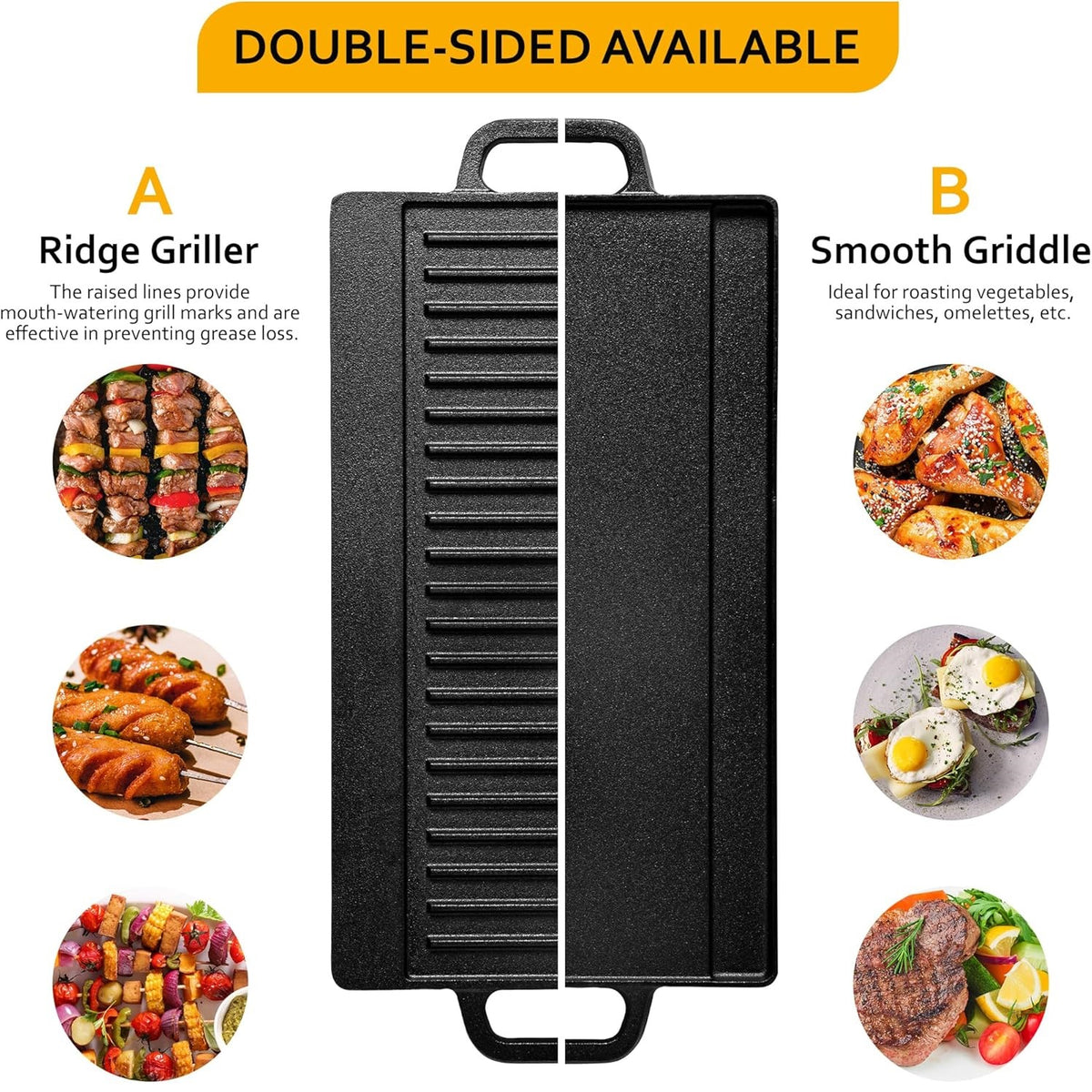 BBQ Grill Style Double Sided Grill Pan with Handles Black 50.3cm x 23.5cm x 1.4cm C85000340 | Reversible Flat and Ribbed Cooking Surface | Non Stick Griddle Tray | Indoor Outdoor Cooking BBQ Plate | Max 240 Degree Celsius Heat Resistant | Meat Grill