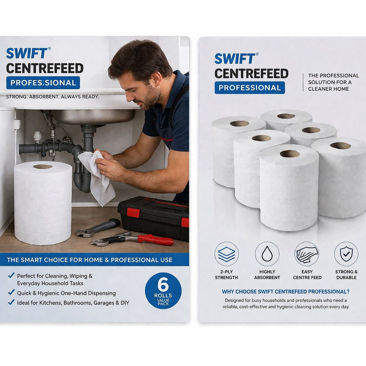 Swift Centrefeed 2 Ply Paper Rolls White Pack of 6 SW103 | Professional Embossed Cleaning Rolls | 100 Percent Recycled Tissue | Strong Absorbent | Wiping Paper | For Kitchens Workshops and Commercial Use | Recycled Paper Towels | Cleaning Paper | Multipurpose Paper Towels | Wiper Rolls | Disposable Paper Rolls