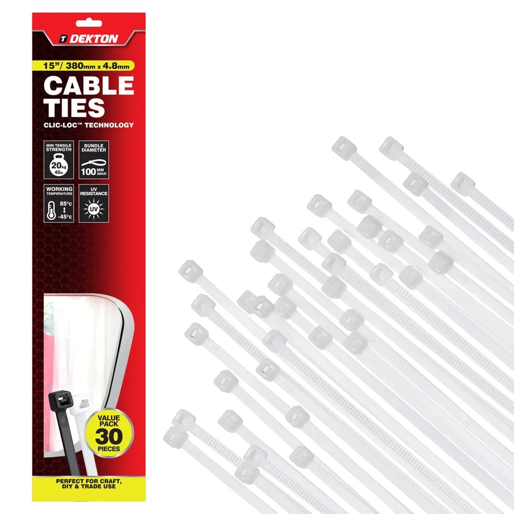 Dekton Heavy-Duty Multi Purpose Cable Ties White 380mm x 4.8mm Pack of 30 DT70475B | Clic-Loc Technology | High Tensile Strength | Temperature Resistant | Self-Locking Teeth | For Indoor and Outdoor Use | UV Resistance | Bundle Diameter 100mm | Holds Up to 20Kg | For Craft-DIY and Trade Use | Bundling Tools