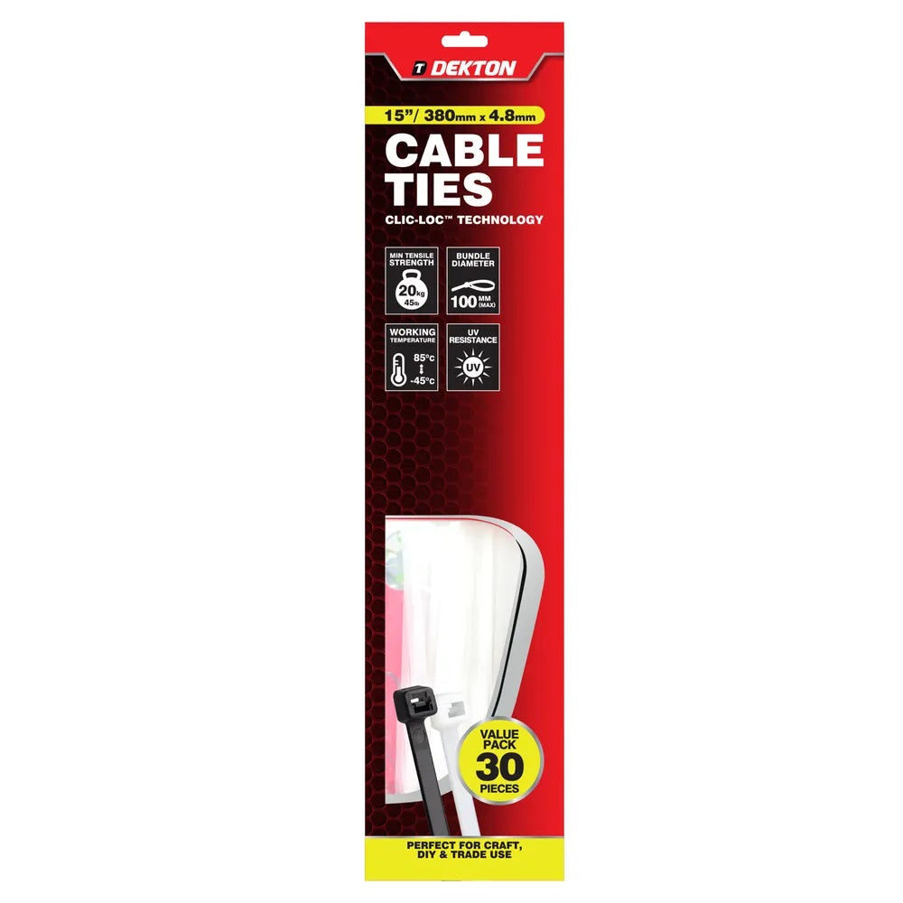 Dekton Heavy-Duty Multi Purpose Cable Ties White 380mm x 4.8mm Pack of 30 DT70475B | Clic-Loc Technology | High Tensile Strength | Temperature Resistant | Self-Locking Teeth | For Indoor and Outdoor Use | UV Resistance | Bundle Diameter 100mm | Holds Up