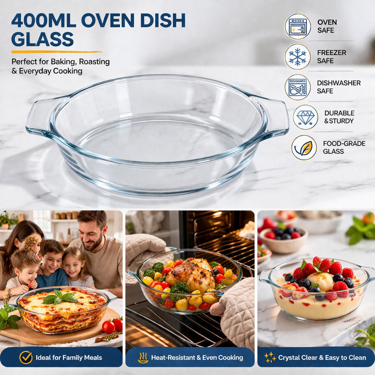 Termolex Heat Resistant Glass Oven Dish Clear 19.6cm x 11.3cm x 4.5cm 400ml 170496840 | Oval Baking Dish with Handles | Microwave-Oven and Freezer Safe | Borosilicate Glass Cookware | Small Roasting and Serving Dish | For Easy Cooking | Glass Cookware | Roasting Dish | Kitchen Bakeware