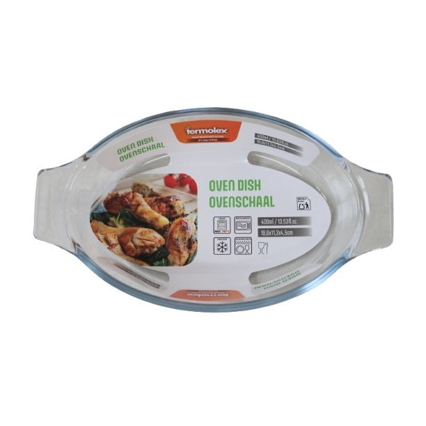 Termolex Heat Resistant Glass Oven Dish Clear 19.6cm x 11.3cm x 4.5cm 400ml 170496840 | Oval Baking Dish with Handles | Microwave-Oven and Freezer Safe | Borosilicate Glass Cookware | Small Roasting and Serving Dish | For Easy Cooking | Glass Cookware