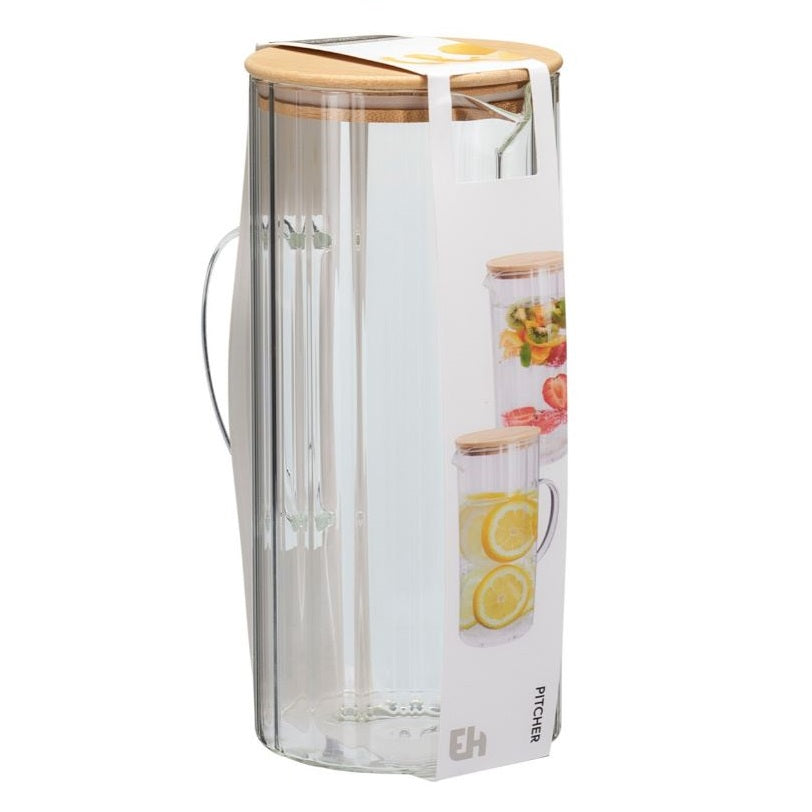 Excellent Houseware Glass Water Pitcher with Bamboo Lid Clear 1400ml CD4100140 | Ribbed Jug with Handle | Leakproof Lid | Carafe for Water Juice Iced Tea | Heat Resistant Glass | Drink Dispenser | Fridge Water Jug | Kitchen Water Jug | Beverage Pitcher