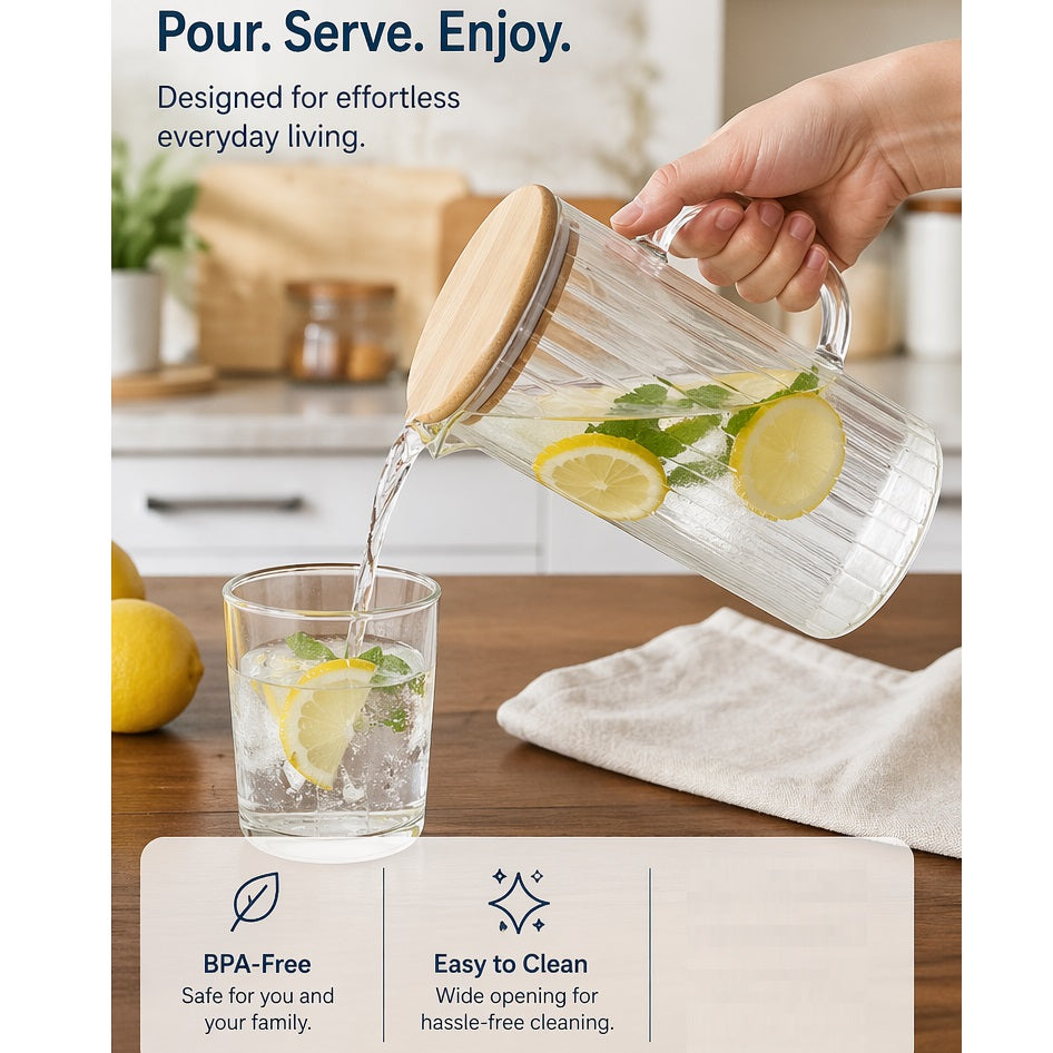 Excellent Houseware Glass Water Pitcher with Bamboo Lid Clear 1400ml CD4100140 | Ribbed Jug with Handle | Leakproof Lid | Carafe for Water Juice Iced Tea | Heat Resistant Glass | Drink Dispenser | Fridge Water Jug | Kitchen Water Jug | Beverage Pitcher